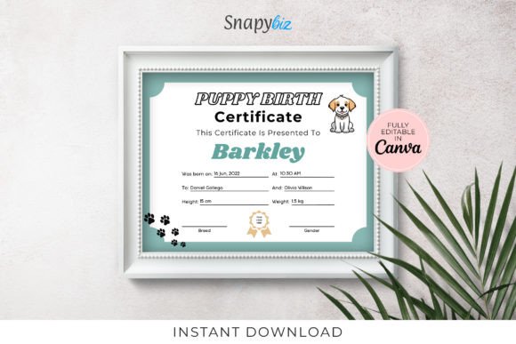 Download Puppy Birth Certificate Canva Template - Cat Collection
