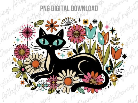 Download Retro 70s Black Cat Floral PNG - Cat Collection