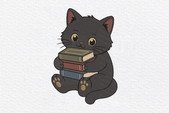 Download Black Cat Holding Books Embroidery - Cat Collection